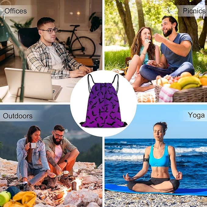 Waterproof Drawstring Bag Gym Sack Sports Backpack for Hiking Swimming Beach Yoga Gear Lightweight Unisex, Happy Halloween Bat Black Bats Purple Bags