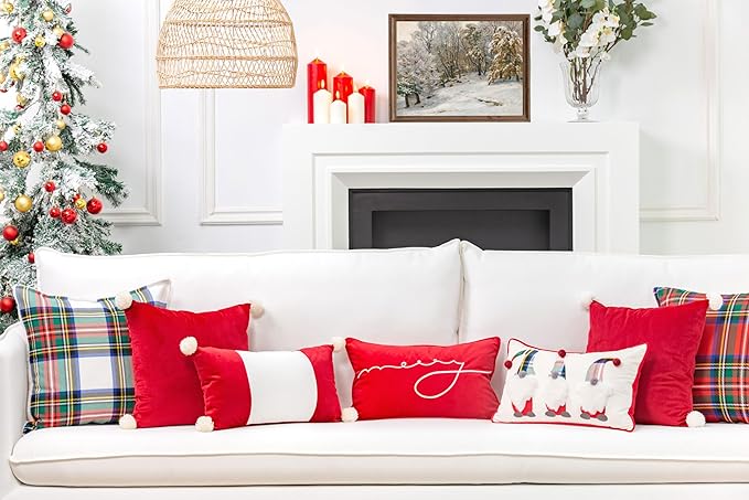Hofdeco Premium Christmas Holiday Winter Soft Velvet Decorative Throw Pillow Cover ONLY for Couch, Sofa, Bed, Red Solid with pom poms, Red, 18"x18"