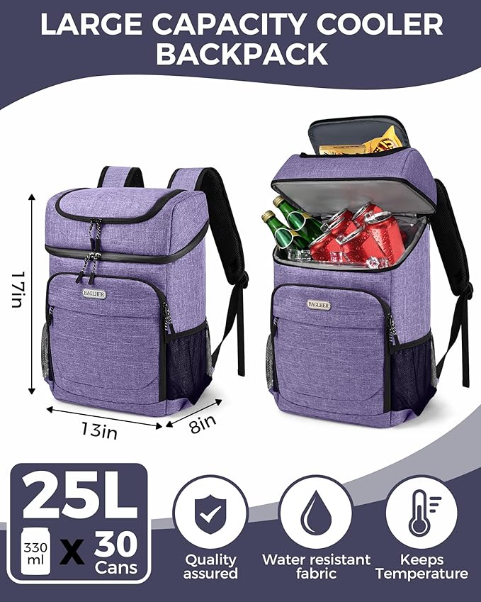 BAGLHER Lightweight Insulated Cooler Backpack - 30 Cans, Leak-Proof for Lunch, Picnic, Hiking, Camping Trips