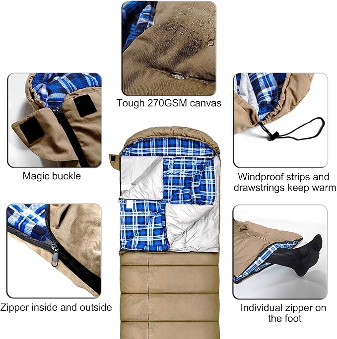 AGEMORE 0 Degree Canvas Sleeping Bag for Adults, Cotton Flannel Sleeping Bag for Winter Camping, Fishing, Hunting or Traveling, Durable Cotton Canvas Shell and Removable Flannel Liner