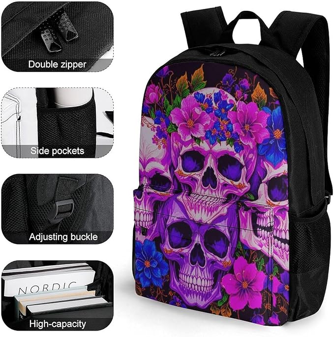 Adults Lightweight Purple Psychedelic Mexican Sugar Skulls Day Of The Dead Floral Flowers Shoulder Book Bags Big Capacity Shoulder Bag With Adjustable Shoulder Straps for Trekking Work Walking Cycling