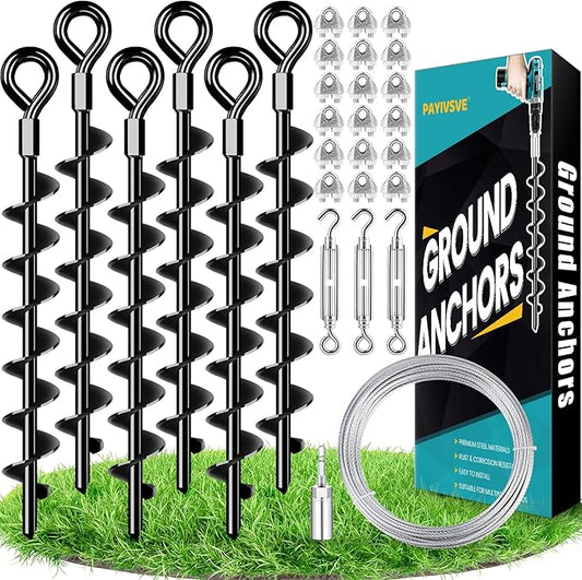 Ground Anchors Shed Anchors Kit with 1/8" Galvanized Cable and Turnbuckles, Trampoline Stakes Heavy Duty Earth Anchor for Sheds Canopy Gazebo Mobile Home Swing Set(6x15in)