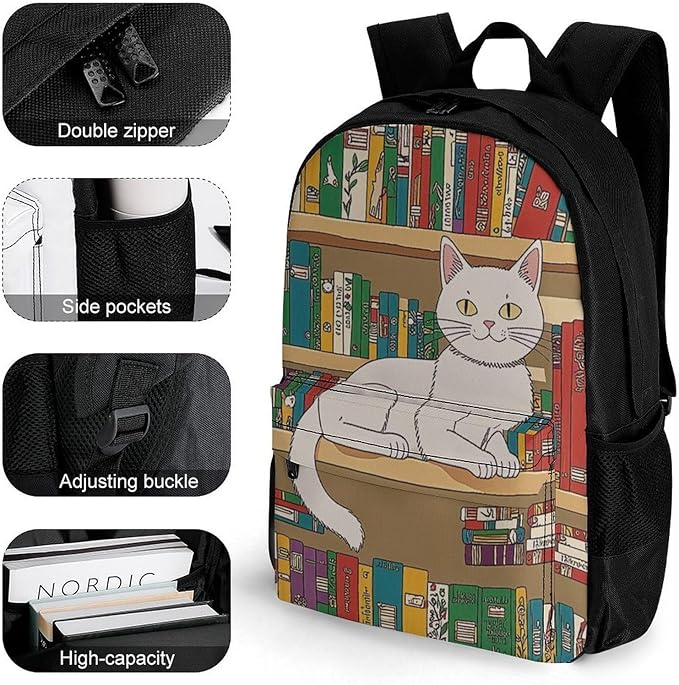 Backpack Polyester Multipurpose Anti-Theft Nerd Book Lover Kitty Sleeping Over Bookshelf In Library Shoulder Bag Big Capacity Gym Outdoor Hiking Backpack With Padded Straps