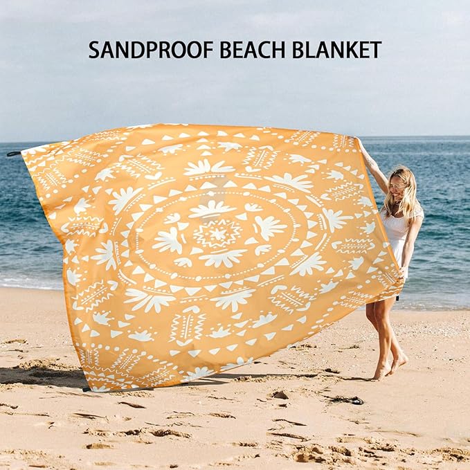 Sandproof Waterproof Beach Blanket, 78''×86'' Large Foldable Picnic Blankets for 1-4 Adults w/ 4 Stakes & 4 Pockets, Polyester Lightweight Sand Free Boho Outdoor Beach Mat for Camping, Hiking, Travel