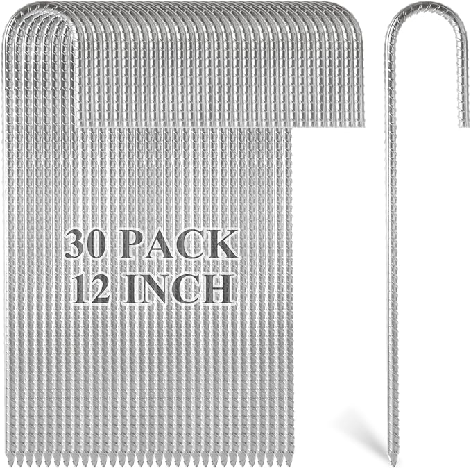 MIVIDE 30 Pack 12inch Galvanized Rebar Stakes J Hook, Heavy Duty J Hook Ground Anchors, Curved Steel Support Garden Stake with Chisel Point end for Fence Stakes, Canopies, Sheds, Swing Sets