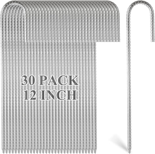 MIVIDE 30 Pack 12inch Galvanized Rebar Stakes J Hook, Heavy Duty J Hook Ground Anchors, Curved Steel Support Garden Stake with Chisel Point end for Fence Stakes, Canopies, Sheds, Swing Sets