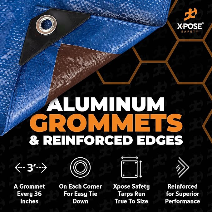 Xpose Safety 6’ x 8’ Heavy Blue/Brown Tarp - Waterproof - 7 Mil Weatherproof Camping Tarp for Tent, Rain, Wind & Sun - Plastic Tarpaulin Cover Outdoor for Roof, Trailer, RV, Car, Boat