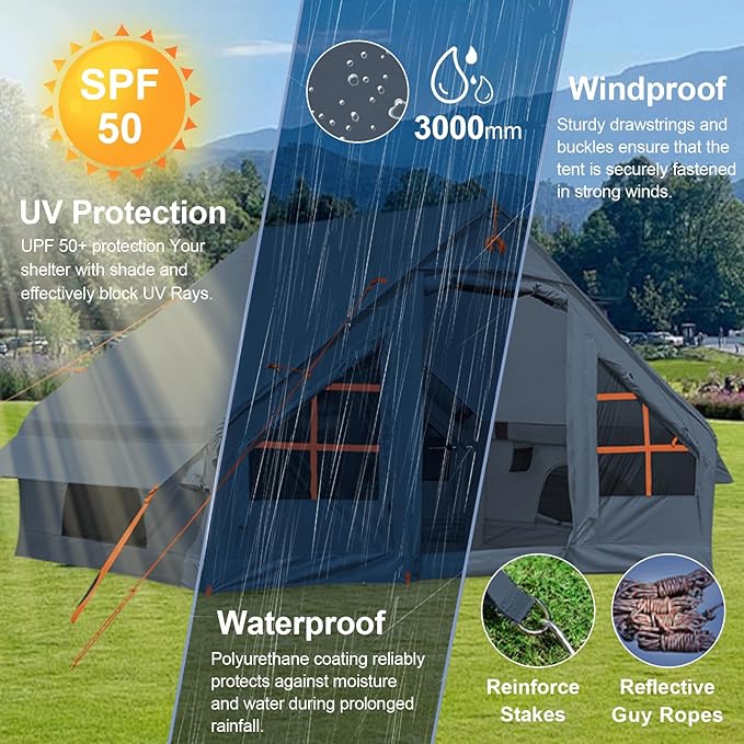Inflatable Camping Tent,2/4/6/8 Person Glamping Inflatable Tents with Awning, Quick Setup Blow Up Tents with Pump, Waterproof Oxford Inflatable House for Camping, Air Glamping Hot Tents for Adult