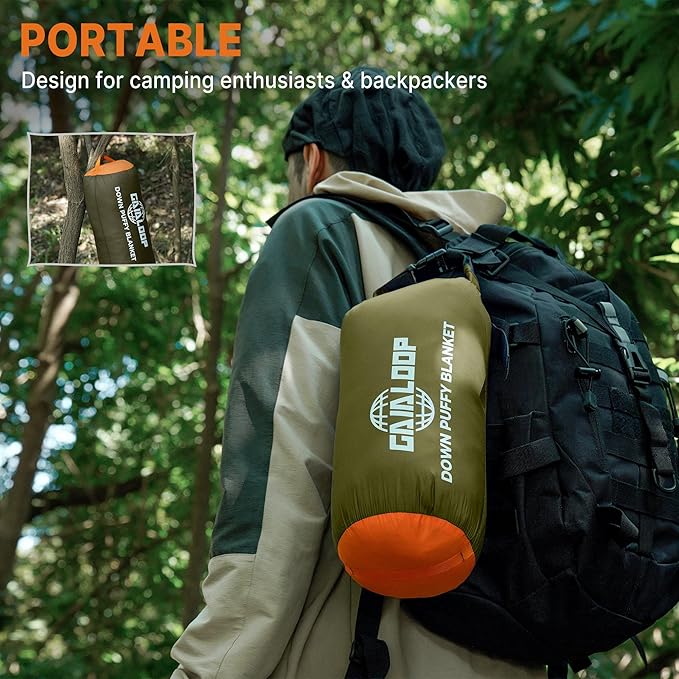 Down Puffy Blanket for 2 Person Car Camping Outdoor Travel Backpacking, 80% Duck Down & 20% Feather Lightweight Portable Soft Warm Cozy Camping Blanket Quilt, Olive Green