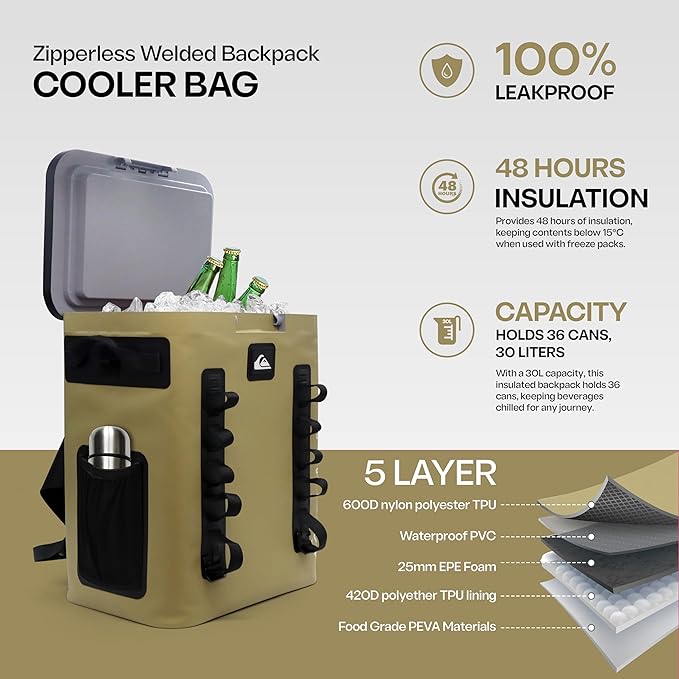 Quiksilver Zipperless Backpack Cooler 30L, Holds 36 Cans, 48 Hour Insulation, Leakproof & Waterproof Design, Heavy Duty TPU, IPX7, Padded Straps, Kangaroo Pockets
