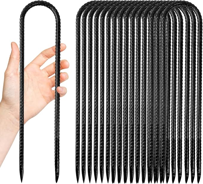 Anothera 16 Pack Heavy Duty Trampoline Stakes, 12 Inches Trampoline Anchors High Wind, Heavy Duty U Shaped Rebar Stakes for Trampoline, Tents, Inflatables, Fences, Outdoor Decoration
