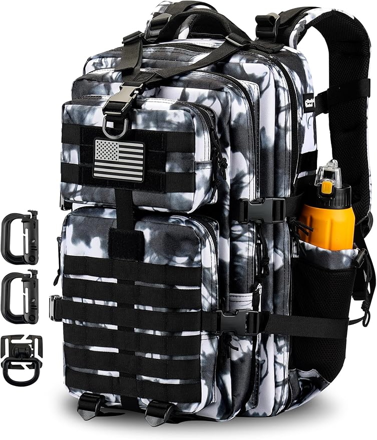 45L MOLLE Assault Pack, Tactical Backpack Military Army Camping Rucksack with Bottle Holder, 3-Day Pack Trip w/USA Flag Patch, D-Rings, White Camo