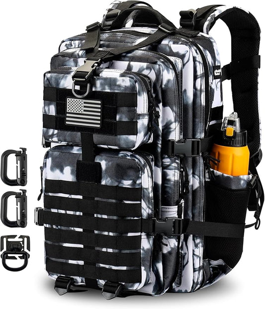 45L MOLLE Assault Pack, Tactical Backpack Military Army Camping Rucksack with Bottle Holder, 3-Day Pack Trip w/USA Flag Patch, D-Rings, White Camo