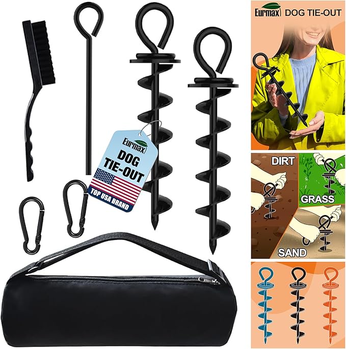Eurmax USA Heavy Duty Dog Tie Out Stake for Large Dogs up to 210 lbs Dog Stakes for Outside,Dog Anchor, Gadgets, Accessories for Dogs,Dog Runner Leash Stake Trampoline Stakes 2-Pack (Black)