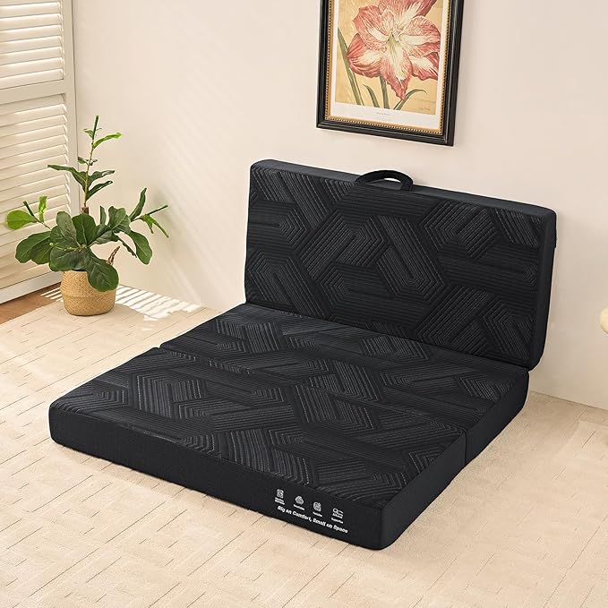 Memory Foam Mattress, Twin Size 6 Inch Tri-Fold Mattress, Handles and Non-Slip Bottom, Mattress Topper with Washable Cover, Foldable Bed for Yoga, Living Room, Camping, 75"x 38" x 6", Black