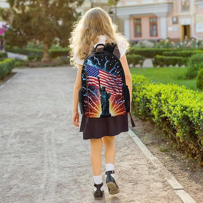 Shoulder Book Bags Anti-Theft Multipurpose Big Capacity Bookbag, American Usa Flag Lightning Statue Of Liberty Travel Hiking Backpack With Smooth Zippers