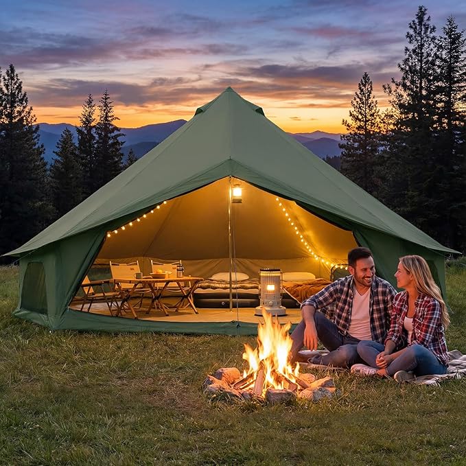 Bell Tent for Family Camping, 9.8/13.1/16.4 FT Yurt Tent with Stove Jack, 4 Season Oxford Tents for Outdoor Party, Hot Tent Shelter Fits 3-4 People