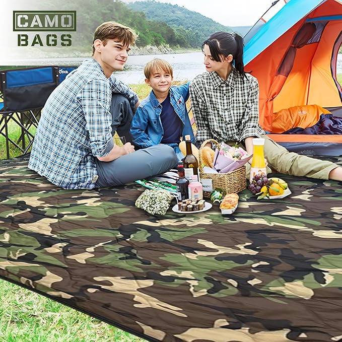 Outdoor Packable Camo Blanket - 1000D Polyester Interior & RIPSTOP Fabric Exterior Blanket with Adjustable & Removable Carrying Strap - Front, Back Storage Pocket - Ideal for Camping & Outdoor Use