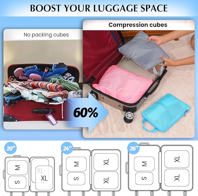 Carry on Compression Packing Cubes Travel for Suitcases ，Compressible Packing Cubes for Travel Women Packing Organizers 4 Set Ultralight (multicolor)