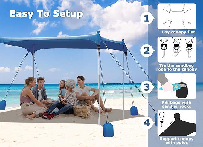 Gorich Beach Tent Sun Shelter with 8 Sandbags, UPF50+ Protection & Windproof Pop Up Beach Canopy Tent Sun Shade for Family, Travel & Camping, Easy Setup Canopy Umbrella