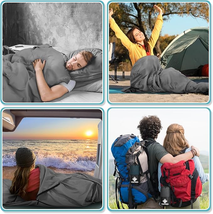 Sleeping Bag Liner, 9.5oz Ultralight Satin Travel Sheets for Hotel with Two Way Zippers, Silky Camping Sheets & Adult Sleep Sack for Backpacking Hiking Business Trips