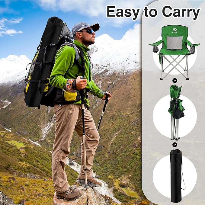 Elevon Folding Camping Chairs, Portable Outdoor Beach Chair for Adults with Carry Bag & Cup Holder, Foldable Lawn Chair with Mesh Backrest for Camp Fishing Hiking Travel Picnic Sports,