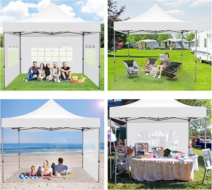 COBIZI 10x10 Pop up Canopy Tent with 4 Sidewalls, Waterproof Heavy Duty Commercial Canopy for Parties, Outdoor Tent, Garden Gazebo, Carry Bag with Wheel (10x10ft, White)
