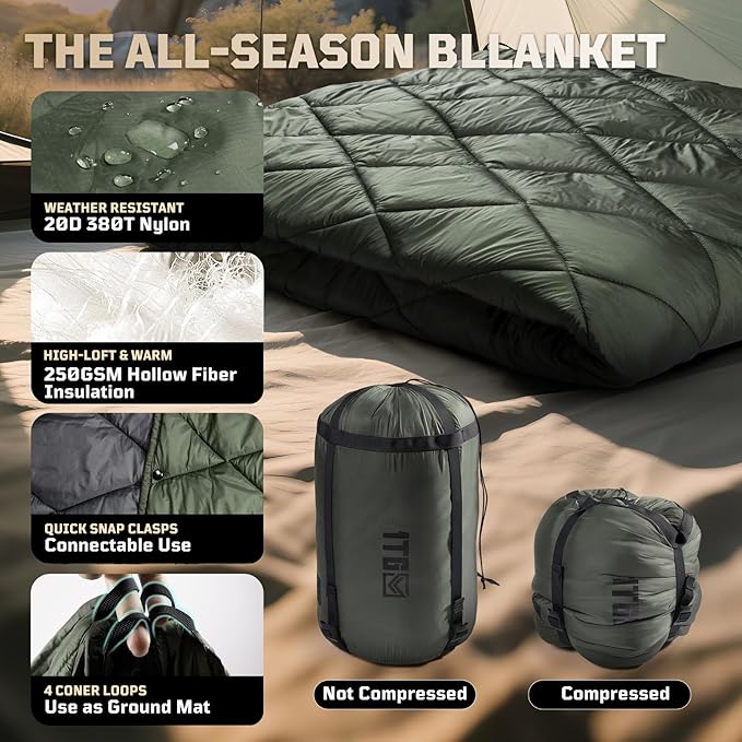 Camping Blanket - Packable, Ultra Warm and Lightweight with Snap Button Backpacking Quilt, for Sleeping, Outdoors, Travel, and Indoor Use - Olive Green