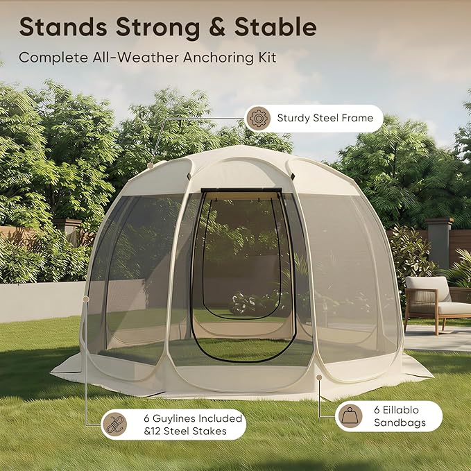 TABU Pop Up Screen House Tent, 12x12 FT Screen Room Canopy with Mosquito Mesh, Instant UV Resistant Shelter with Carry Bag, for 8-10 Person, Beige