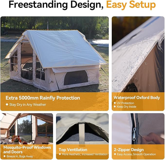 Inflatable Camping Tent with Pump,4-6 Person Waterproof Blow Up Air Tent for Camping Hiking,Easy to Set Up 4-Season Inflatable House Tent with Oversized Canopy.