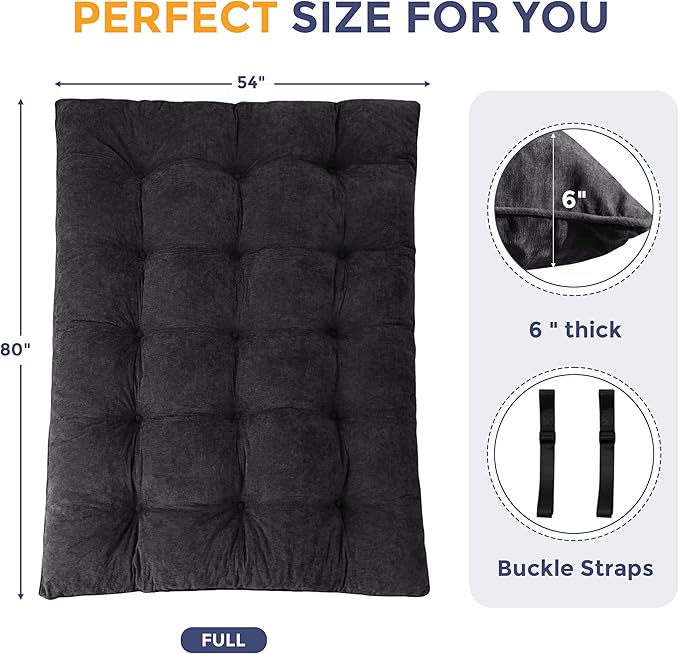 MAXYOYO Floor Mattress Full Size, 6" Chenille Japanese Futon Mattress Foldable Floor Bed for Adults Tufted Roll Up Floor Couch Bed, Tatami Mat Sleeping Pad for Living Room, Bedroom, Black