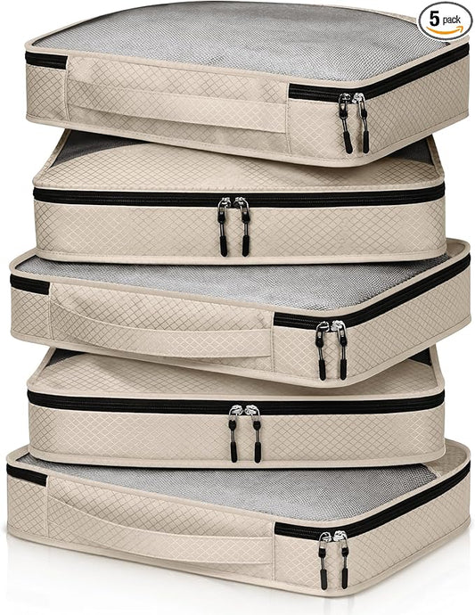 5 Pcs Packing Cubes for Suitcase Large Travel Cubes Carry on Luggage Organizer Bags for Clothes Accessories(M,Khaki)