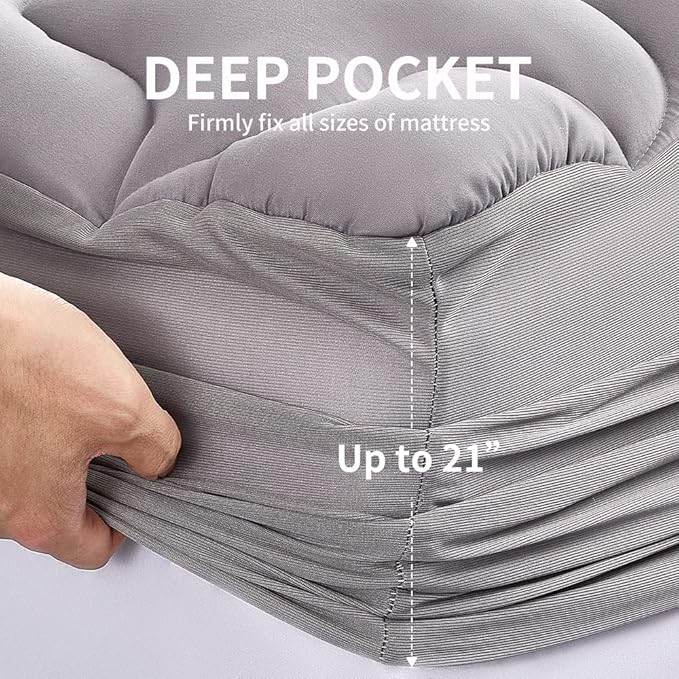 SLEEP ZONE Mattress Pad Cal King Cooling Mattress Topper, Quilted Fitted, Machine Washable, Soft Fluffy Down Alternative, Deep Pocket 8-21 inch, Grey