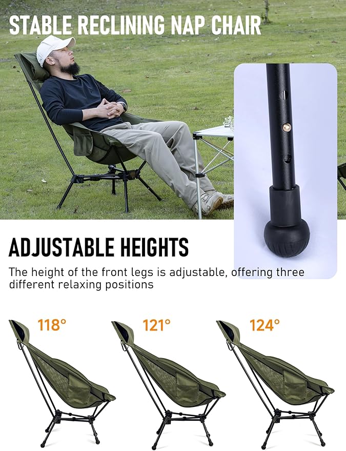 WildCall Lightweight Folding High Back Camping Chair with Head Support, Compact Beach Chair with Anti-Sinking Large Feet and Three Tilt Angles Adjustment
