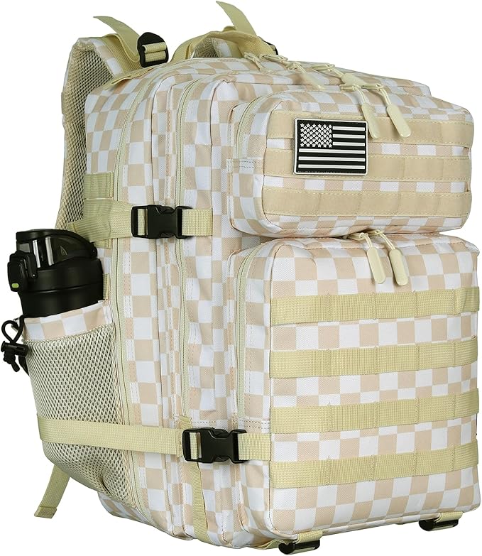 25L/45L Tactical Backpack Military Tactical Backpack Heavy Duty Molle Assault Pack for Work Gym Outdoors (1.0 25L-Beige Checkered, Small)