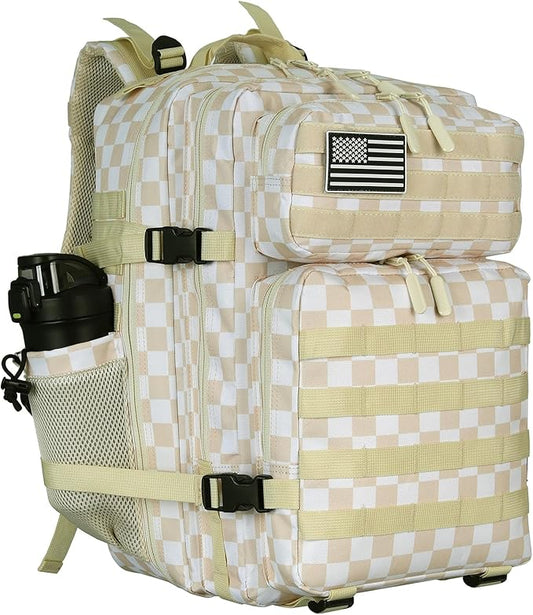 25L/45L Tactical Backpack Military Tactical Backpack Heavy Duty Molle Assault Pack for Work Gym Outdoors (1.0 25L-Beige Checkered, Small)
