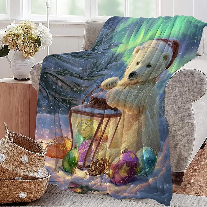 Christmas Polar Bear Blanket Winter Aurora Night Animal Throw Blankets Gifts for Girls Boys Kids White Bear Lover Soft Cozy Fleece Plush for Couch Sofa Bed 80"x60"