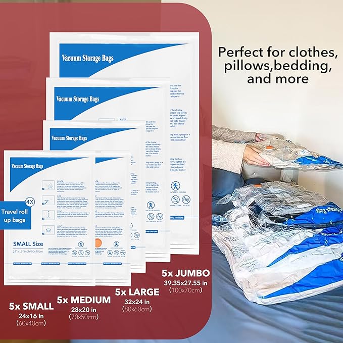 MEIQIHOME Vacuum Storage Bags, Space Saver Sealer Bags,Vacuum seal bags for clothing, Pillows, Comforters, Blankets, Bedding,Travel,24 Pack with Electric Pump