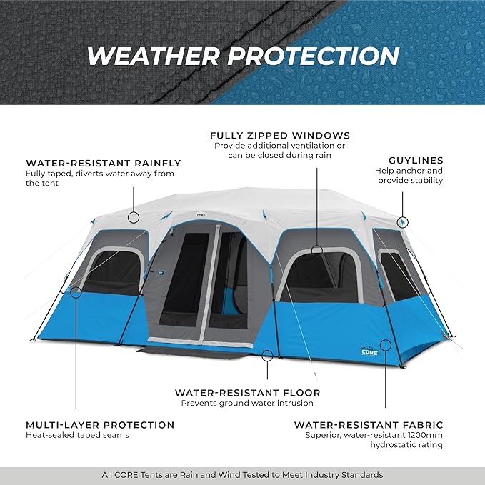 CORE Instant Cabin Tents with LED Lights | 6 Person / 9 Person / 12 Person Family Multi Room Lighted Pop Up Tents for Camping | Included Storage Pockets for Camping Accessories