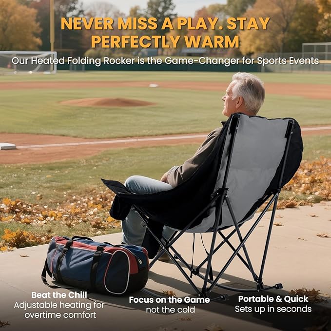 Begonia.K Oversized Heated Rocking Camping Chair - 400lbs Capacity Padded Camping Recliner w/ 3 Levels Back Seat Heat - Folding Lawn Chair with Side Pockets for Camp Patio Backyard