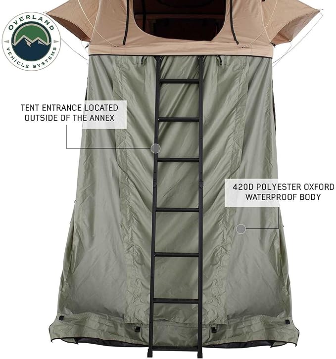 Overland Vehicle Systems LD TMBK Roof Top Tent Annex Green Base with Black Floor & Travel Cover - 420D Polyester Oxford Waterproof Material -1000g PVC Based Floor