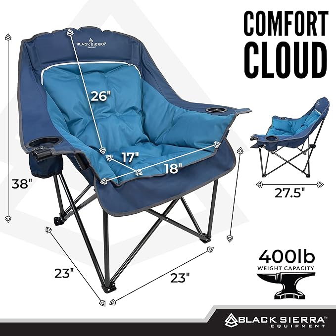Black Sierra Plush Camping Chair for Sports & Outdoors, Oversize XL Outdoor Folding Chair Supports 400 lbs, Heavy Duty Lounge w/Cup Holders & Carry Bag (Denim Blue)