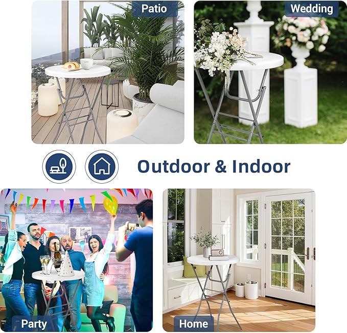 Cocktail Table 28in Folding Round High Top Indoor Outdoor with Removable Legs, Tall Bistro Foldable Bar Height Table for Parties, Patio, Backyard, Dining, Wedding, White- 2PCS