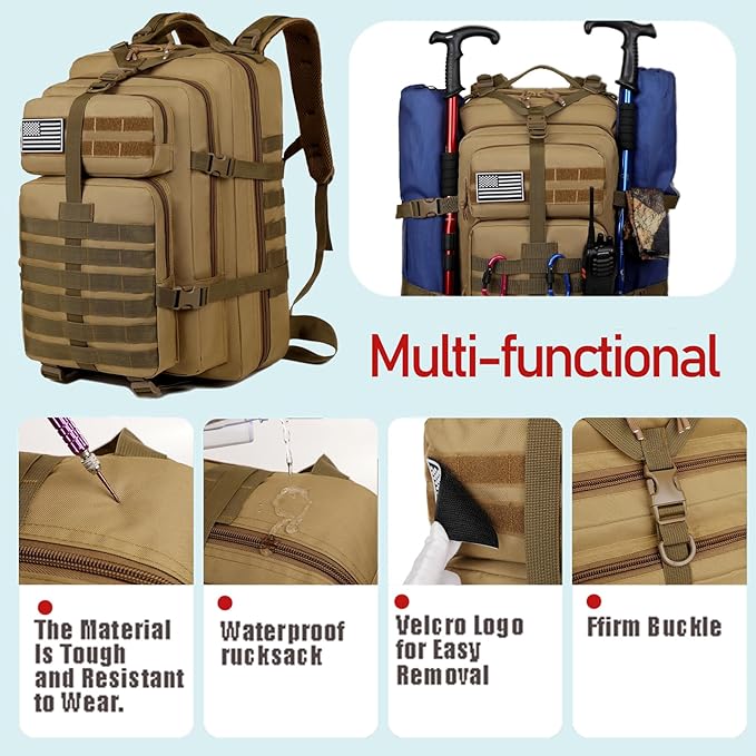 45L Military Tactical Backpack for Men, Large 3-Day Assault Pack MOLLE Rucksack, Waterproof Survival Bug Out Bag for Hiking, Camping, Hunting, Gym & Work, Includes US Flag Patch - Desert Khaki