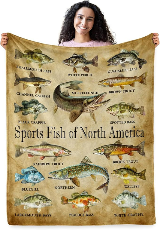 Fishing Gifts for Men Women, Fish Decor Blanket, Fishing Accessories Soft Throw Blanket for Couch Sofa Bed 60" X 50"