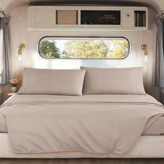 Hearth & Harbor Short Queen Sheets for RV, Linen RV Queen Sheets, Silky Soft 1800 Microfiber Bed Sheet for Camper, 4 Piece RV Bedding with Pillowcases