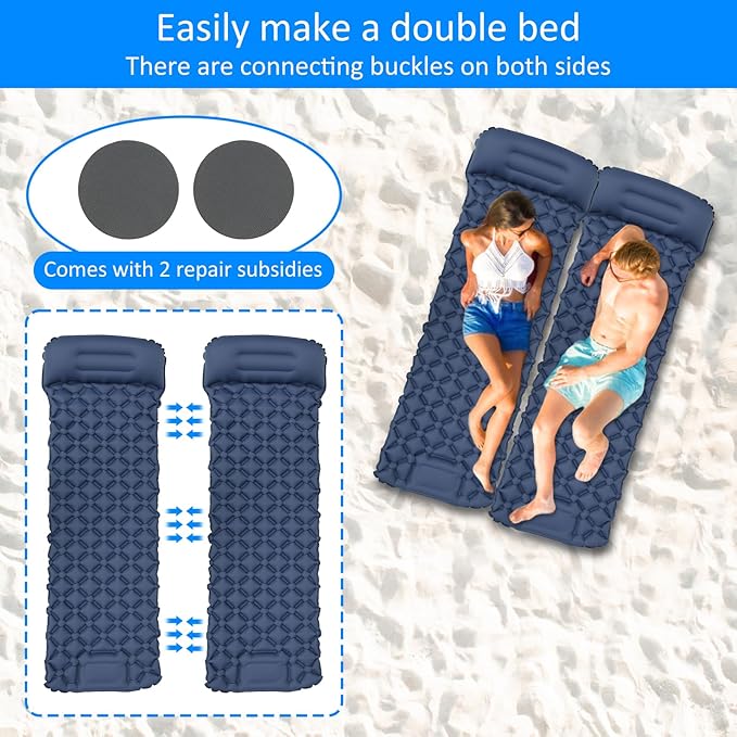 Sleeping Pad for Camping with Pillow - Ultralight(1.3lbs) Inflatable Tent Mattress, 4" Thick Inflatable Bed with Foot Pump Design, Connectable for Double Bed Camping | Hiking Traveling (Navy Blue)