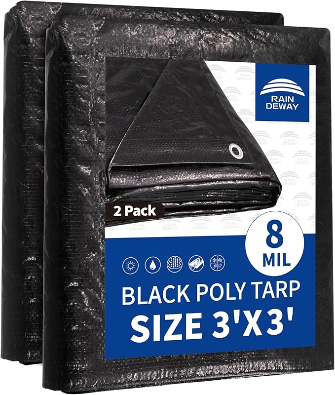RAINDEWAY Small Black Tarp 3x3 Feet (2 Pack),UV Resistant, Multipurpose Medium Duty Waterproof Poly Tarps, Tent Tarp,Cover with Metal Grommets and Reinforced Edges, Finished Size