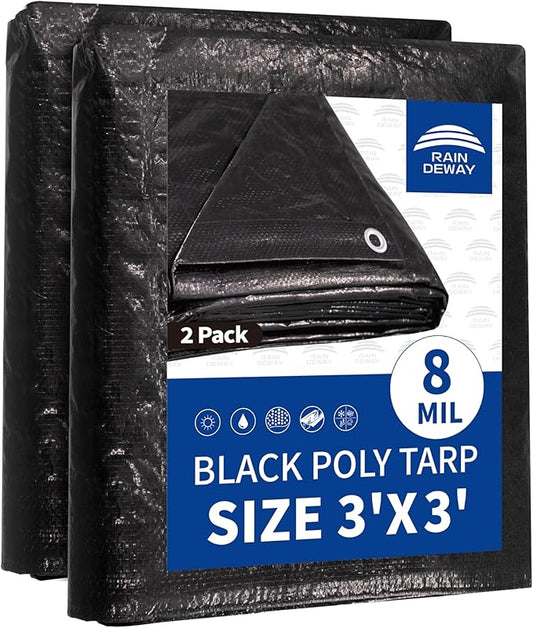 RAINDEWAY Small Black Tarp 3x3 Feet (2 Pack),UV Resistant, Multipurpose Medium Duty Waterproof Poly Tarps, Tent Tarp,Cover with Metal Grommets and Reinforced Edges, Finished Size
