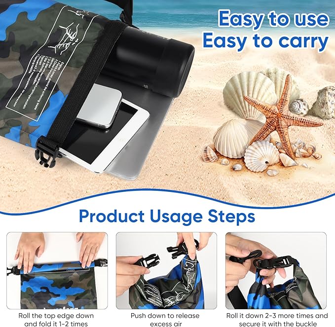 Waterproof Dry Bag 5L/10L/15L/20L/30L Roll Top Dry Storage Backpack with Phone Case, Collapsible Water Bottle, Sunglasses, Ear Band for Kayaking Boating Swimming Fishing Camping,Blue 30L